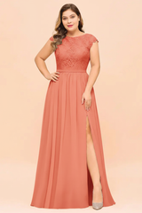 Plus Size Bridesmaid Dress Lace with Split Cap Sleeves Chiffon Wedding Guest Dress