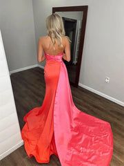 Coral Satin Sheath Prom Dresses with Pink Overskirt & Slit - FD6048
