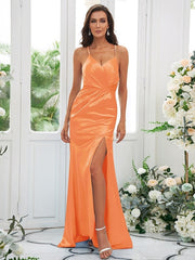 Sheath/Column Elastic Woven Satin Ruched Spaghetti Straps Sleeveless Sweep/Brush Train Bridesmaid Dresses