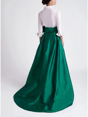 Aimishang A-Line Evening Gown Elegant Red Green Dress Formal Wedding Guest Sweep / Brush Train 3/4 Length Sleeve Shirt Collar Satin with Bow(s)