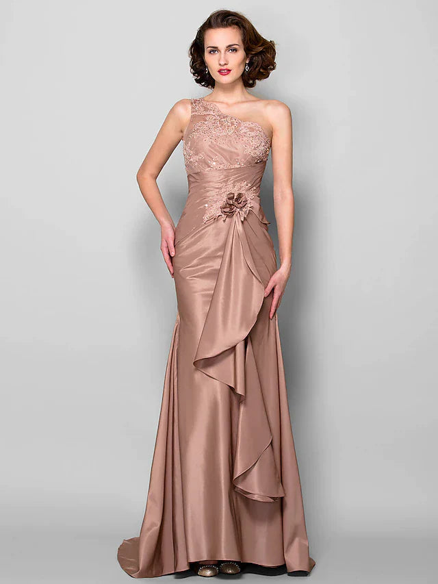 Mermaid / Trumpet Mother of the Bride Dress Floral One Shoulder Sweep / Brush Train Lace Taffeta Sleeveless with Flower