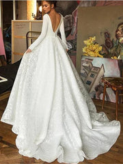 CPS1843 Long Sleeve V-neck Boho Bridal Gowns Backless Lace Wedding Dress