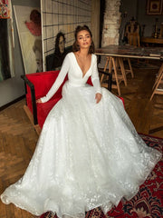 CPS1843 Long Sleeve V-neck Boho Bridal Gowns Backless Lace Wedding Dress