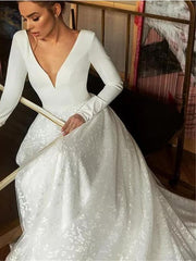 CPS1843 Long Sleeve V-neck Boho Bridal Gowns Backless Lace Wedding Dress
