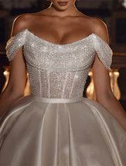 Wholesale Engagement Formal Glitter & Sparkle Wedding Dresses Ball Gown Off Shoulder Cap Sleeve Chapel Train Satin Bridal Gowns With Solid Color