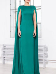 A-Line Evening Gown Elegant Dress Wedding Guest Party Wear Floor Length Sleeveless Jewel Neck Capes Stretch Chiffon with Shawl