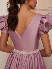 A-Line Cocktail Dresses Party Dress Wedding Birthday Knee Length Short Sleeve V Neck Satin with Pleats Sequin