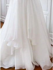Simple Wedding Dresses Sheath / Column Camisole Sleeveless Court Train Chiffon Bridal Gowns With Pleats