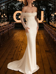 Wholesale Beach Simple Glitter & Sparkle Wedding Dresses Mermaid / Trumpet Off Shoulder Long Sleeve Court Train Sequined OverSkirts Bridal Gowns With Ruched Sequin