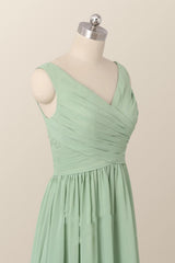 Geplooide v nek mint groene chiffon bruidsmeisje jurk