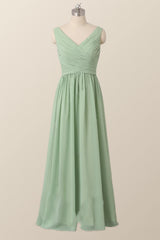 Geplooide v nek mint groene chiffon bruidsmeisje jurk