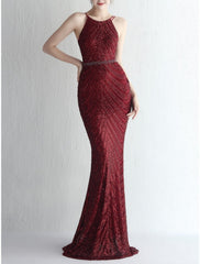 Mermaid / Trumpet Evening Gown Elegant Dress Formal Sweep / Brush Train Sleeveless Spaghetti Strap Chiffon with Glitter Pleats