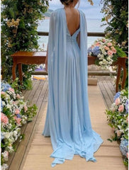 Sheath / Column Mother of the Bride Dress Wedding Guest Elegant Party V Neck Court Train Chiffon Sleeveless with Pleats