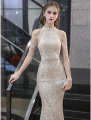 Mermaid Party Dress Sparkle Prom Dress Bodycon Engagement Formal Evening Dress Halter Neck Sleeveless Floor Length Sequined with Beads Tassel