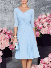A-Line Mother of the Bride Dress Wedding Guest Elegant Party Petite V Neck Knee Length Chiffon Lace Half Sleeve with Ruching Solid Color