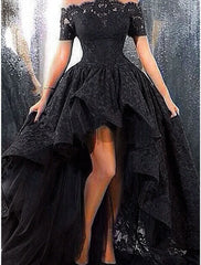 A-Line Evening Gown Elegant Dress Formal Wedding Guest Asymmetrical Short Sleeve Off Shoulder Lace with Ruffles Appliques