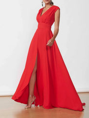 Aimishang A-Line Party Dress Minimalist Elegant Wedding Guest Formal Evening Dress V Neck Sleeveless Floor Length Chiffon with Slit
