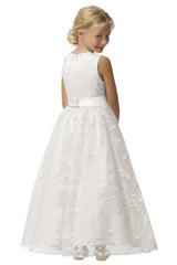 Cute A-line Jewel Sleeveless Floor Length Flower Girl Dress with Lace & Ribbons