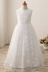 Cute A-line Jewel Sleeveless Floor Length Flower Girl Dress with Lace & Ribbons