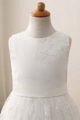 Cute A-line Jewel Sleeveless Floor Length Flower Girl Dress with Lace & Ribbons