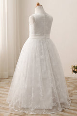 Cute A-line Jewel Sleeveless Floor Length Flower Girl Dress with Lace & Ribbons
