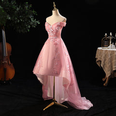 Mignon rose hors épaule en tulle basse haute avec robe de fête en dentelle, robes de retour rose