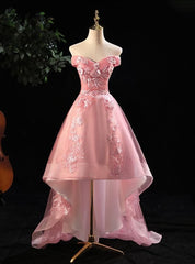 Mignon rose hors épaule en tulle basse haute avec robe de fête en dentelle, robes de retour rose