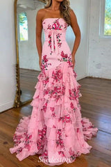 Tiered Blush Floral Print Strapless Mermaid Prom Dress