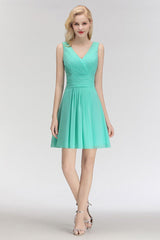 Cute V-Neck Ruffle Chiffon Bridesmaid Dress Knee Length