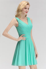 Cute V-Neck Ruffle Chiffon Bridesmaid Dress Knee Length