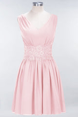 Cute V-Neck Sleeveless Lace Bridesmaid Dresses Knee Length