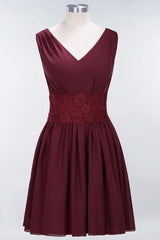 Cute V-Neck Sleeveless Lace Bridesmaid Dresses Knee Length