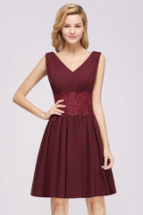 Cute V-Neck Sleeveless Lace Bridesmaid Dresses Knee Length