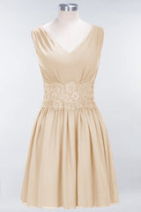 Cute V-Neck Sleeveless Lace Bridesmaid Dresses Knee Length