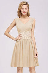 Cute V-Neck Sleeveless Lace Bridesmaid Dresses Knee Length