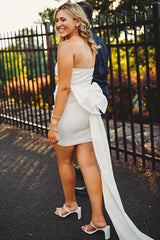 Cute White Tight Cocktail Dresses with Bow Birthday Party Gown