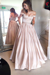 Elegant Off shoulder Floor Length Pink Satin Prom Dress, Off Shoulder Formal Dress, Graduation Dress