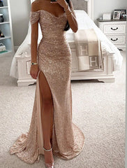 Mermaid / Trumpet Prom Dresses Sparkle Dress Formal Evening Party Sweep / Brush Train Sleeveless Cowl Neck Sequined with Ruched Sequin Slit