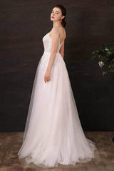 A-Line Sweep-Brush Train Lace Tulle Wedding Dress CW2684