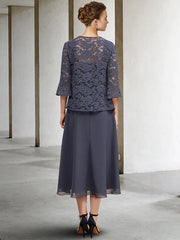 A-Line 3 Piece Mother of the Bride Dress Plus Size Elegant Square Neck Tea Length Chiffon Lace Sleeveless Wrap Included Jacket Dresses with Crystals Ruffles