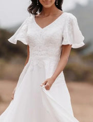 Little White Dresses Wedding Dresses A-Line V Neck Short Sleeve Floor Length Chiffon Bridal Gowns With Appliques