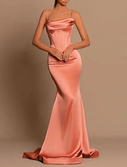 Mermaid / Trumpet Evening Gown Corsets Dress Wedding Cocktail Party Dress Sweep / Brush Train Sleeveless Spaghetti Strap Bridesmaid Dress Satin with Ruched