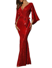 Women's Cocktail Party Dress New Year's Eve Dress Homecoming Dress Wedding Guest Dress Sequin Dress Long Dress Maxi Dress Red Long Sleeve Lace up