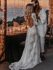 Wholesale Beach Sexy Boho Wedding Dresses A-Line V Neck Long Sleeve Sweep / Brush Train Lace Bridal Gowns With Appliques Split Front