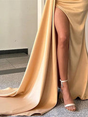 Mermaid / Trumpet Evening Gown Sexy Dress Formal Wedding Guest Court Train Sleeveless Strapless Charmeuse with Ruched Slit