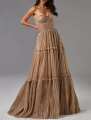 A-Line Evening Gown Glittering Dress Formal Wedding Guest Floor Length Sleeveless Strapless Tulle with Pleats 2025