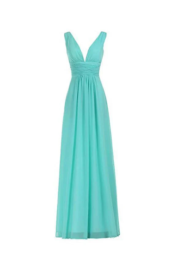 V-Neck Ruched Long Prom Evening Gown Bridesmaid Dress