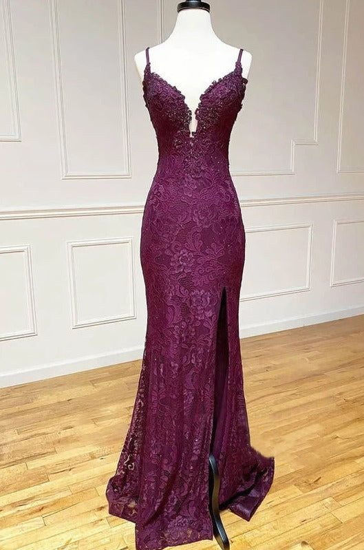 Elegant Spaghetti Straps Mermaid Lace Formal Prom Dresses Evening Party Dress, HZ0319