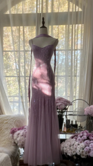 Lilac Spaghetti Straps Mermaid Beading Long Evening Dresses Birthday Outfits, HZ0319