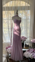 Lilac Spaghetti Straps Mermaid Beading Long Evening Dresses Birthday Outfits, HZ0319